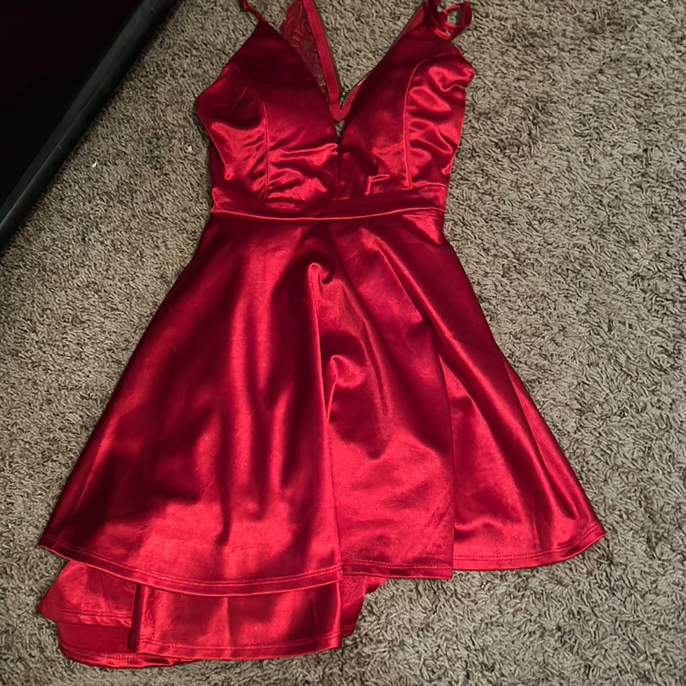 Red satin evening dress.